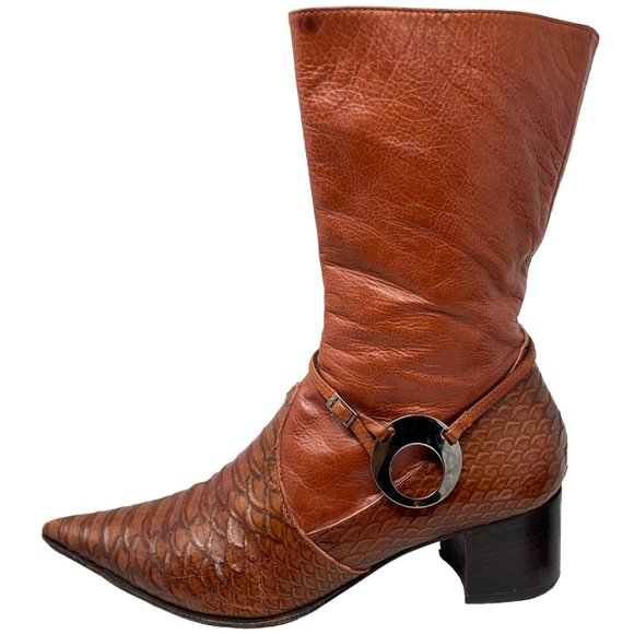 Pour L'Amour Italian Cognac‎ Leather Pointed Mid Calf Zip Boots - Picture 3 of 15